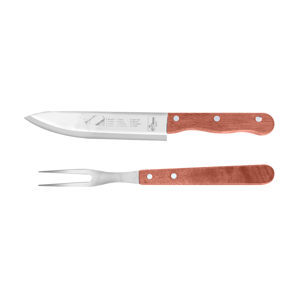 KIT CHURRASCO GARFO E FACA INOX CABO MADEIRA  CM36