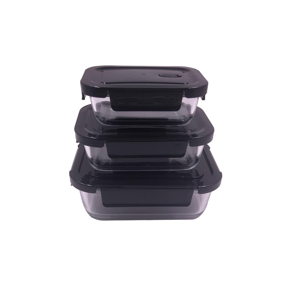 CJ DE POTE DE VIDRO HERMÉTICO RETANGULAR PRETO 3 PCS 370ML + 640ML + 1,04L - CM06